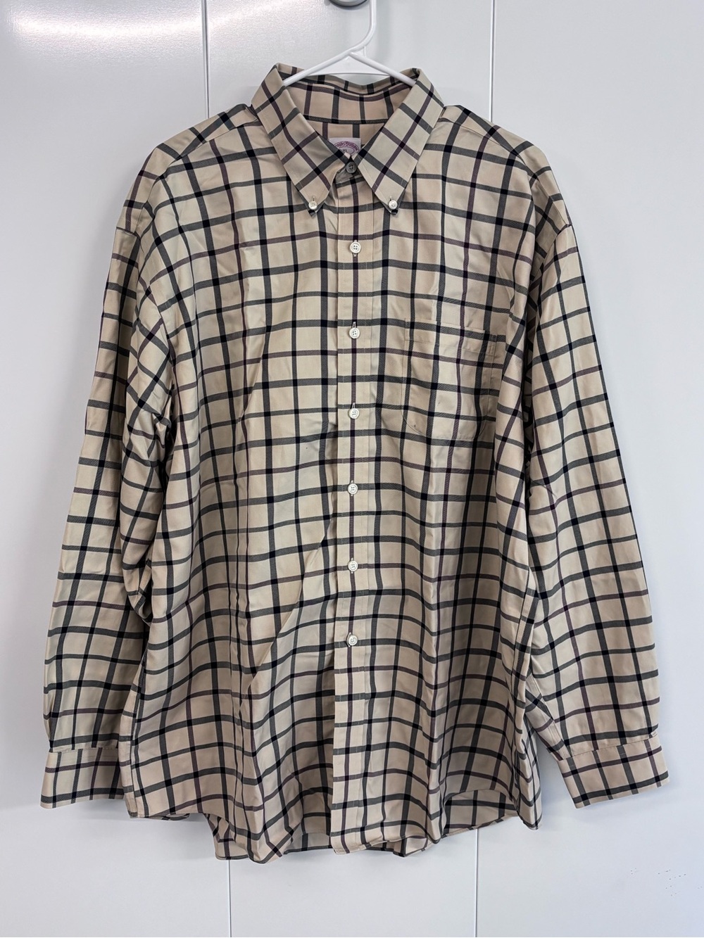 Brooks Brothers Dress Shirt Mens XL Beige Plaid Non Iron Supima Cotton Pocket